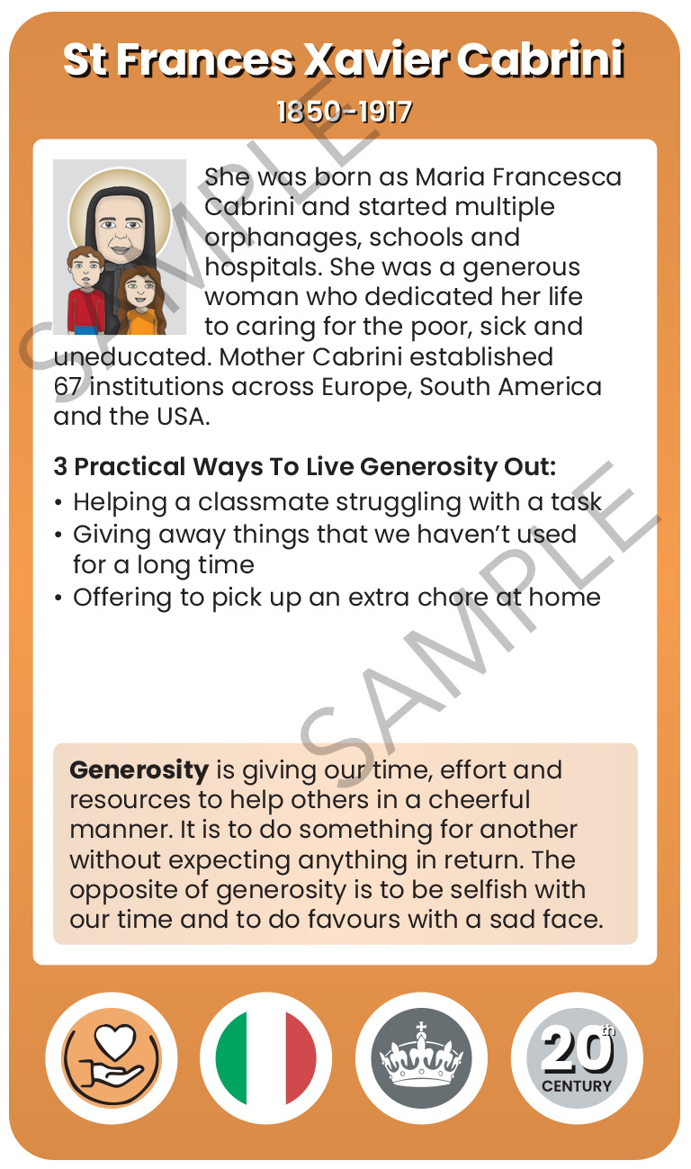 St Francis Xavier Cabrini Character Virtue Card