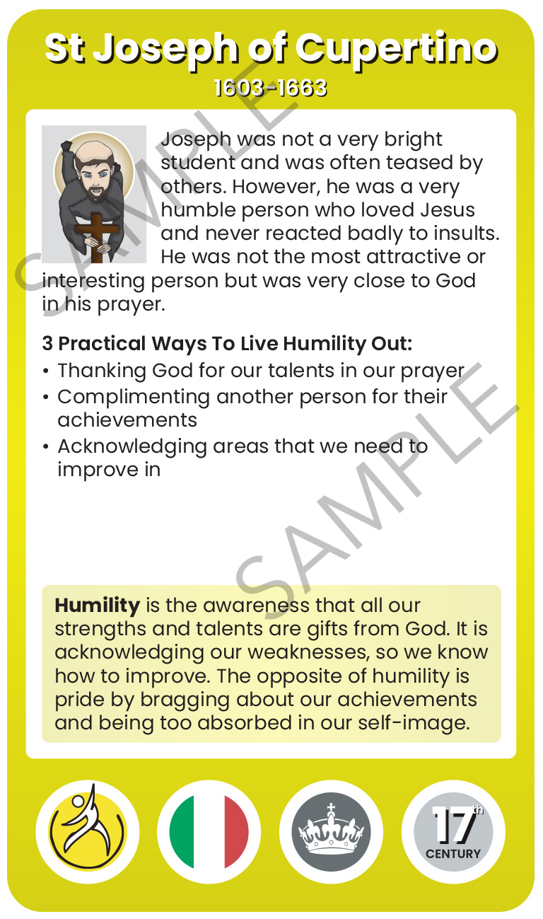 St Joseph of Cupertino Character Virtue Card